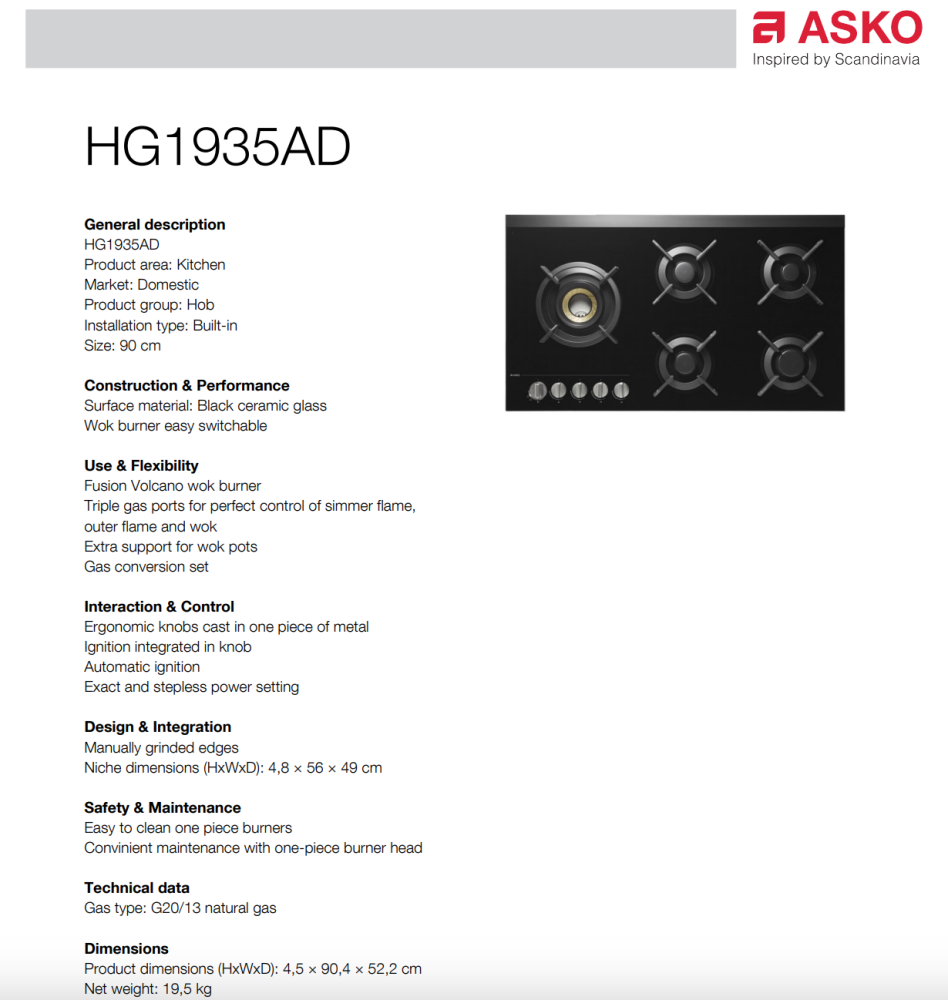 ASKO 90cm Pro Series Natural Gas Cooktop HG1935AD - ASKO Factory Seconds - Gas Cooktop