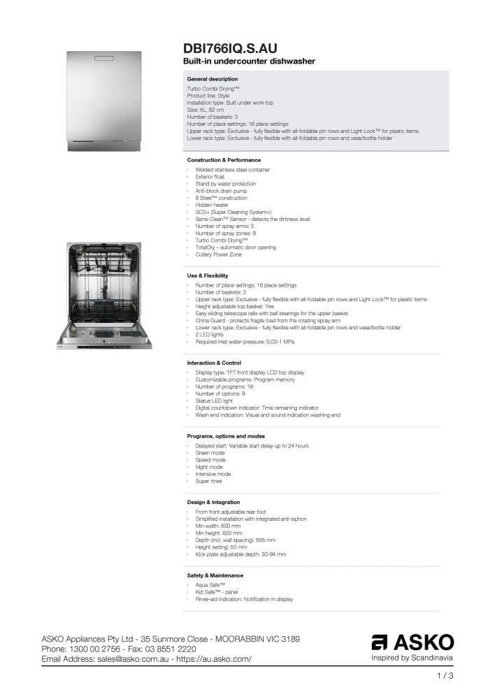 ASKO DBI766IQSAU 60cm Style Built-In Dishwasher Stainless Steel - ASKO Factory Seconds - Built Under Dishwashers
