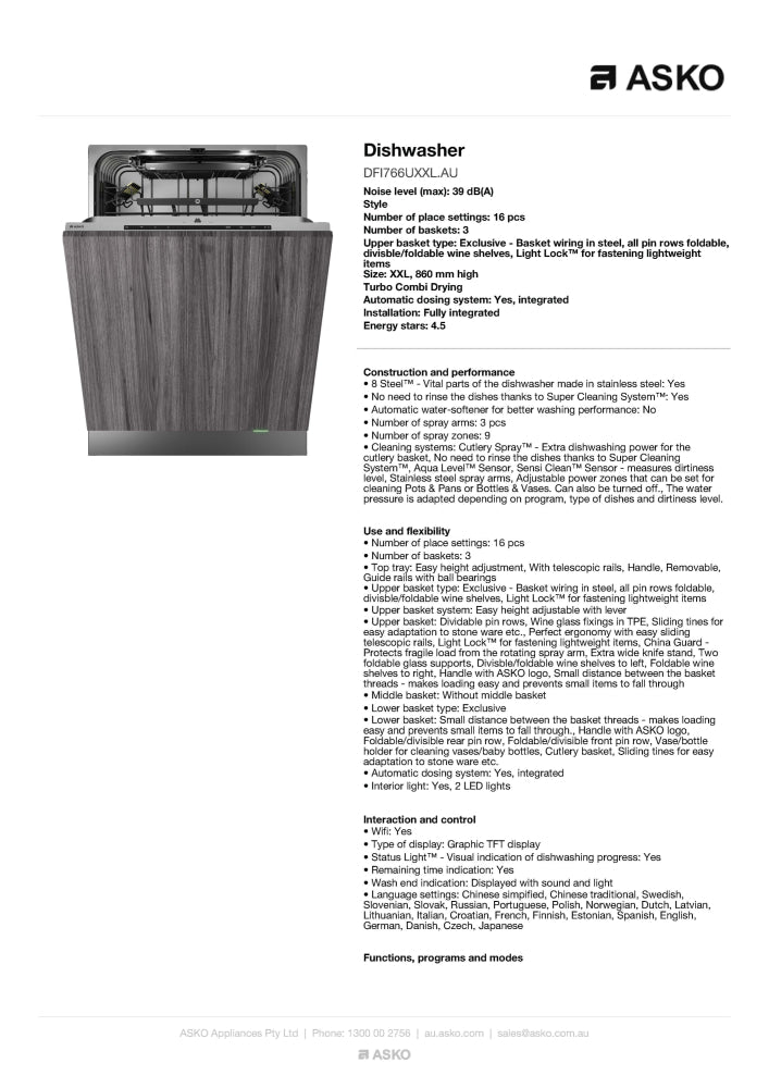 ASKO DFI766UXXLAU Style Fully Integrated Dishwasher - ASKO Factory Seconds - Fully Integrated Dishwasher