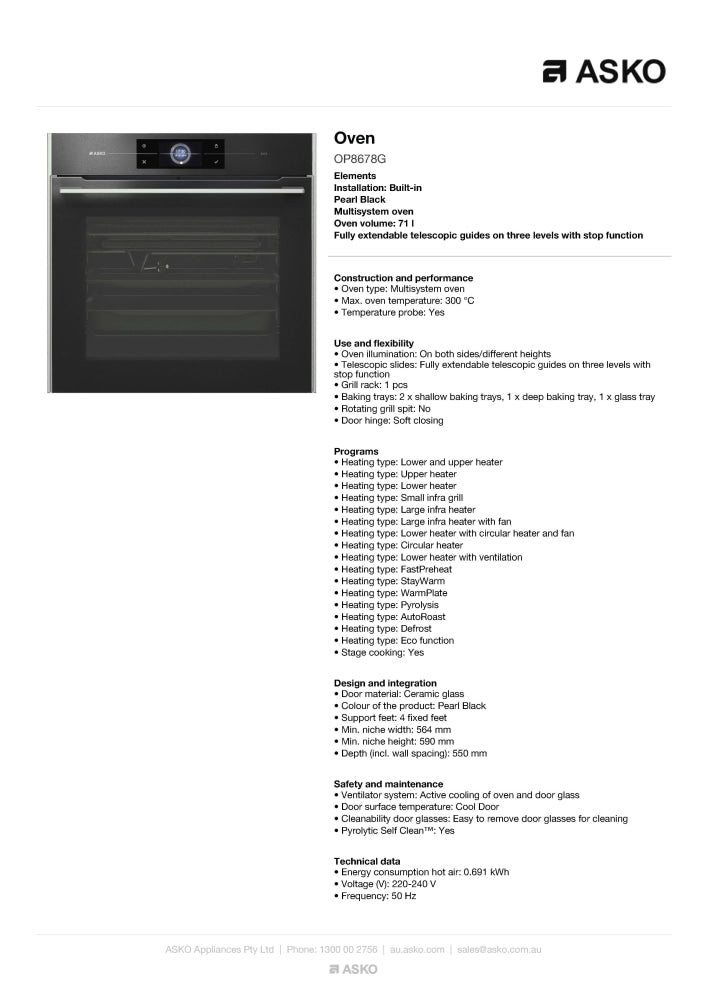 Asko Elements OP8678G 60cm Pyrolytic Multi Functional Oven - ASKO Factory Seconds - Electric oven