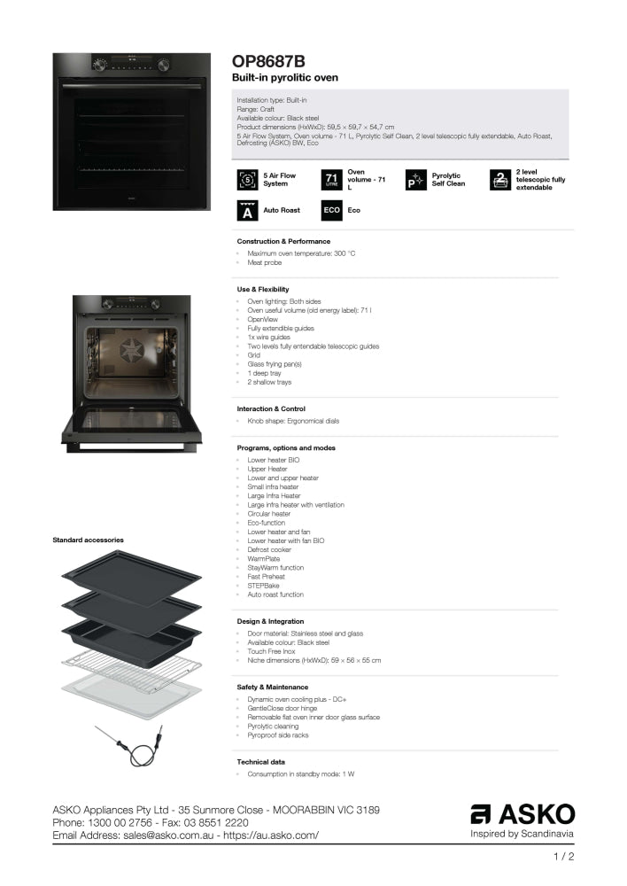 ASKO OP8687B 60cm Pyrolytic Built-In Craft Oven Black Steel - ASKO Carton Damage Clearance - Electric oven