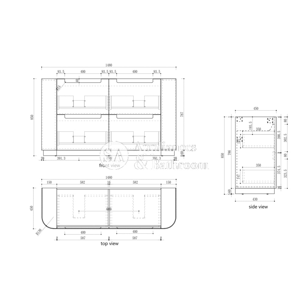 Aulic 1500mm Curva Floorstanding Vanity with Solid Surface Top Pure Top CA57-1500-ST56FT Vanity Units