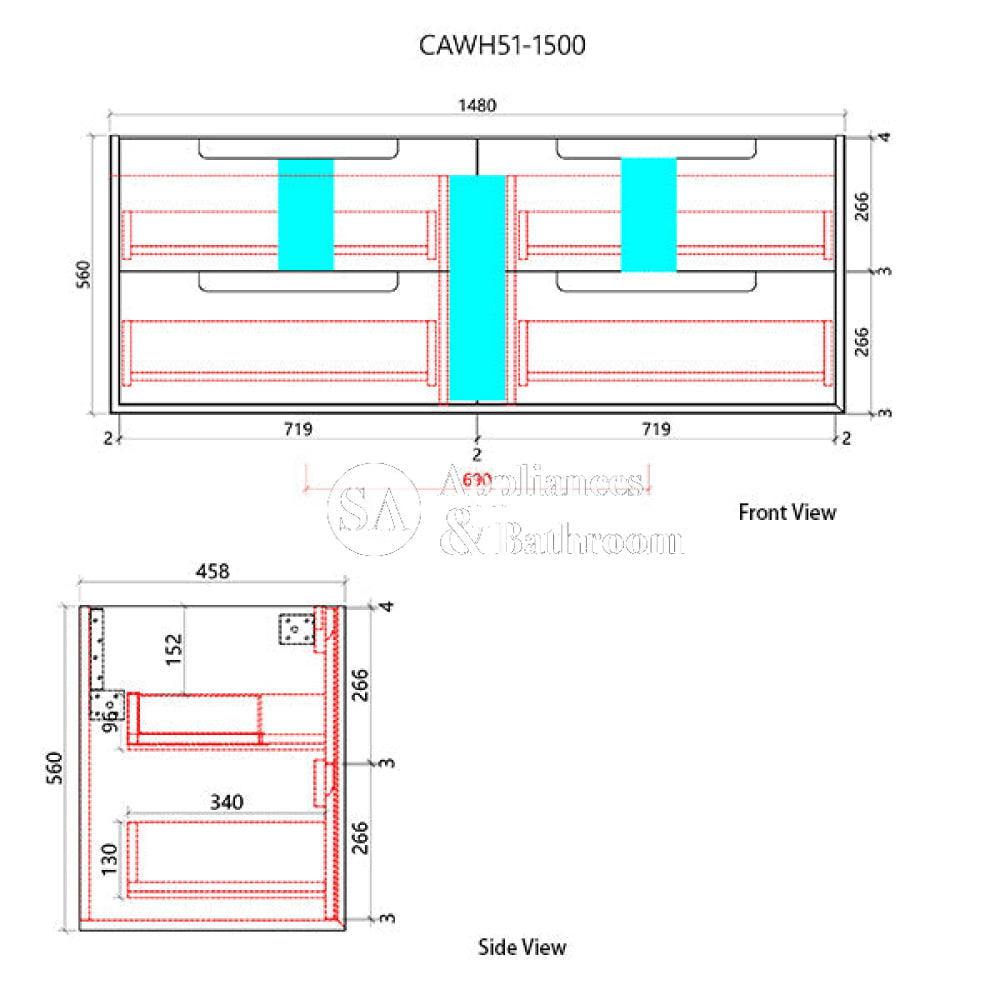 Aulic 1500mm Moreno Double Bowl Wall Hung Vanity CAWH51-1500-ST Vanity Units