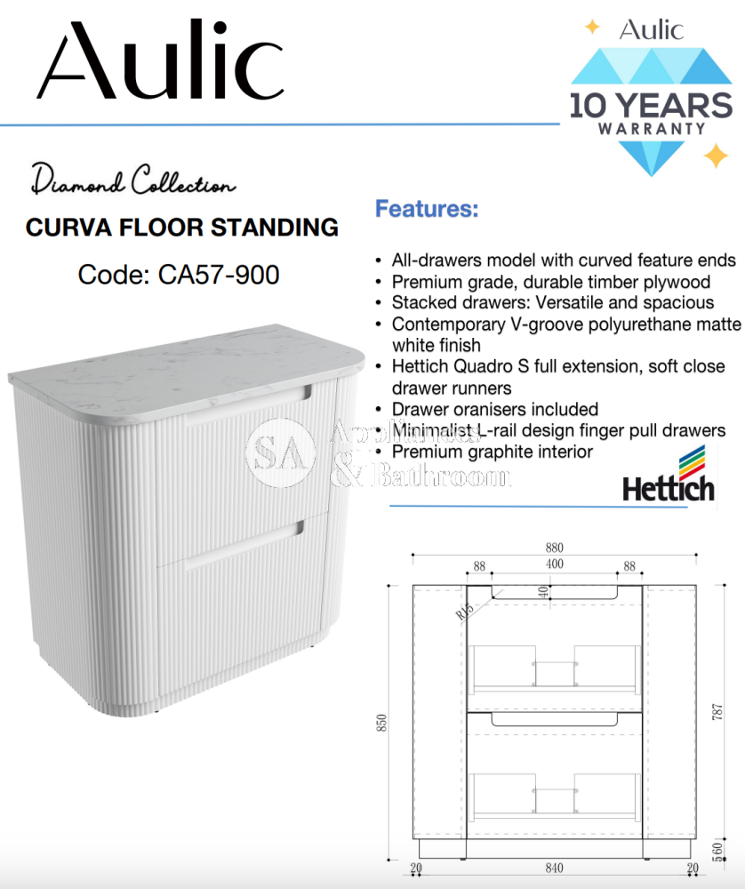 Aulic 900mm Curva Floorstanding Vanity with Solid Surface Top Pure Top CA57-900-ST56FT Vanity Units