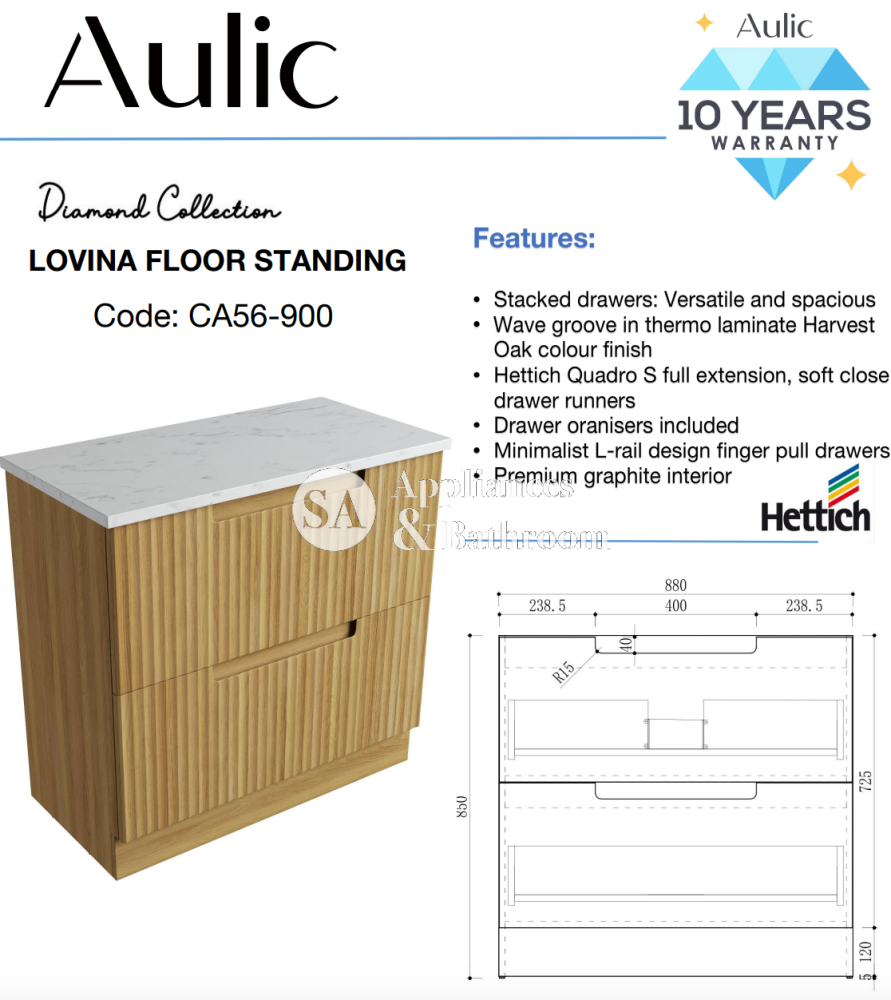 Aulic 900mm Lovina Floorstanding Vanity with Solid Surface Top Cato Top CA56-900-CT28 Vanity Units