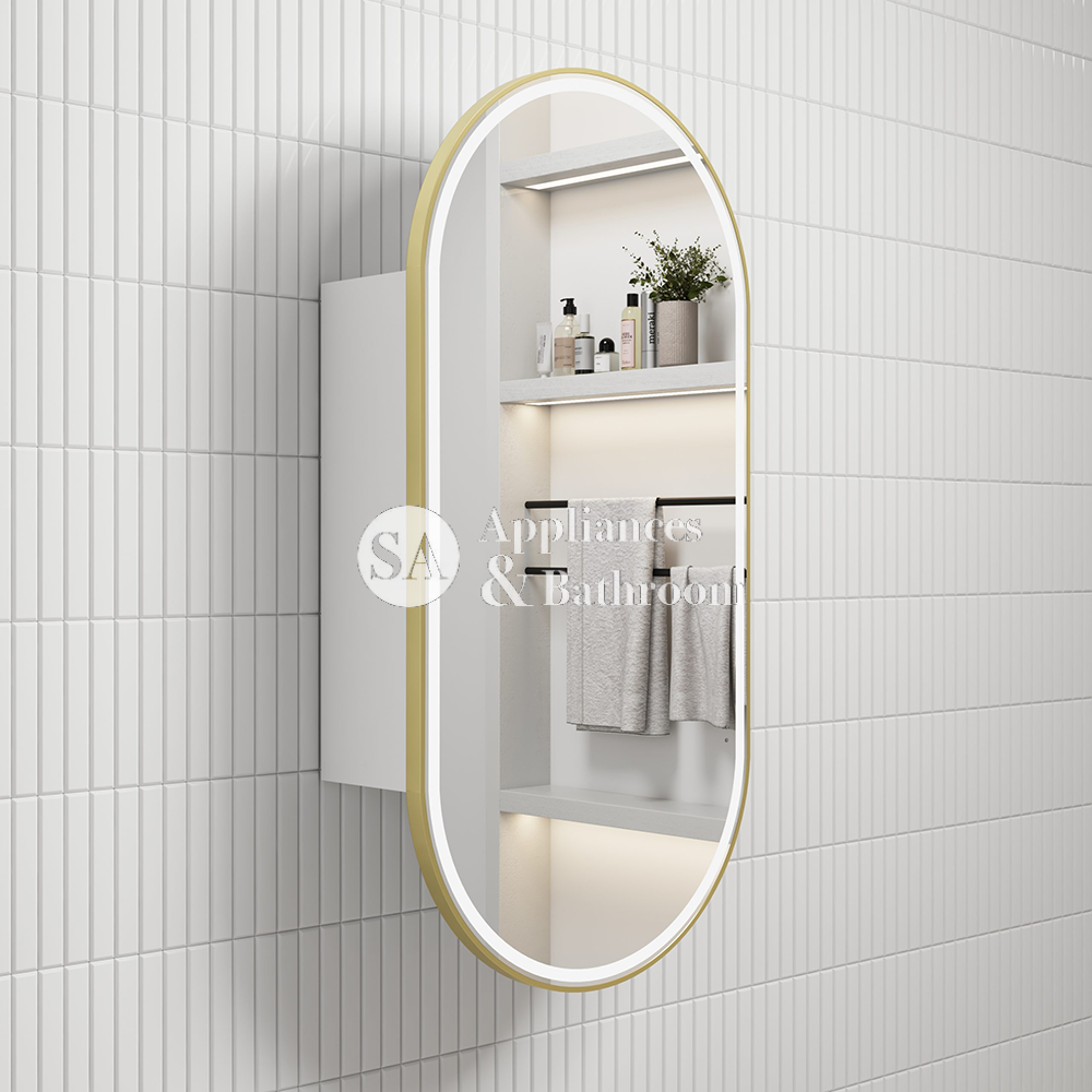 Aulic Beau Monde Oblong LED Matte White Shaving Cabinet With Brushed Gold Frame 450 x 900mm LSCBM-450-MW-BG Mirrors &