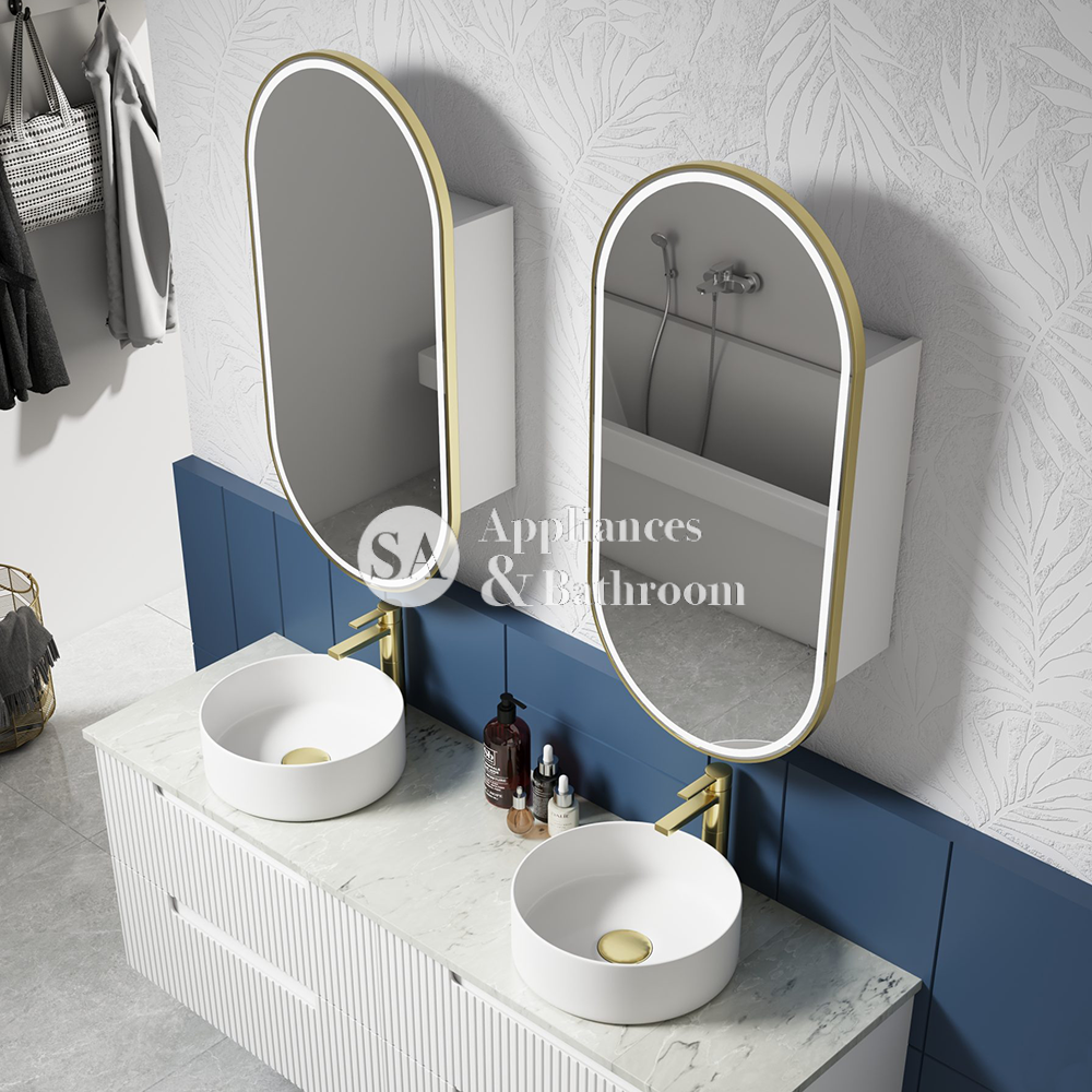 Aulic Beau Monde Oblong LED Matte White Shaving Cabinet With Brushed Gold Frame 450 x 900mm LSCBM-450-MW-BG Mirrors &