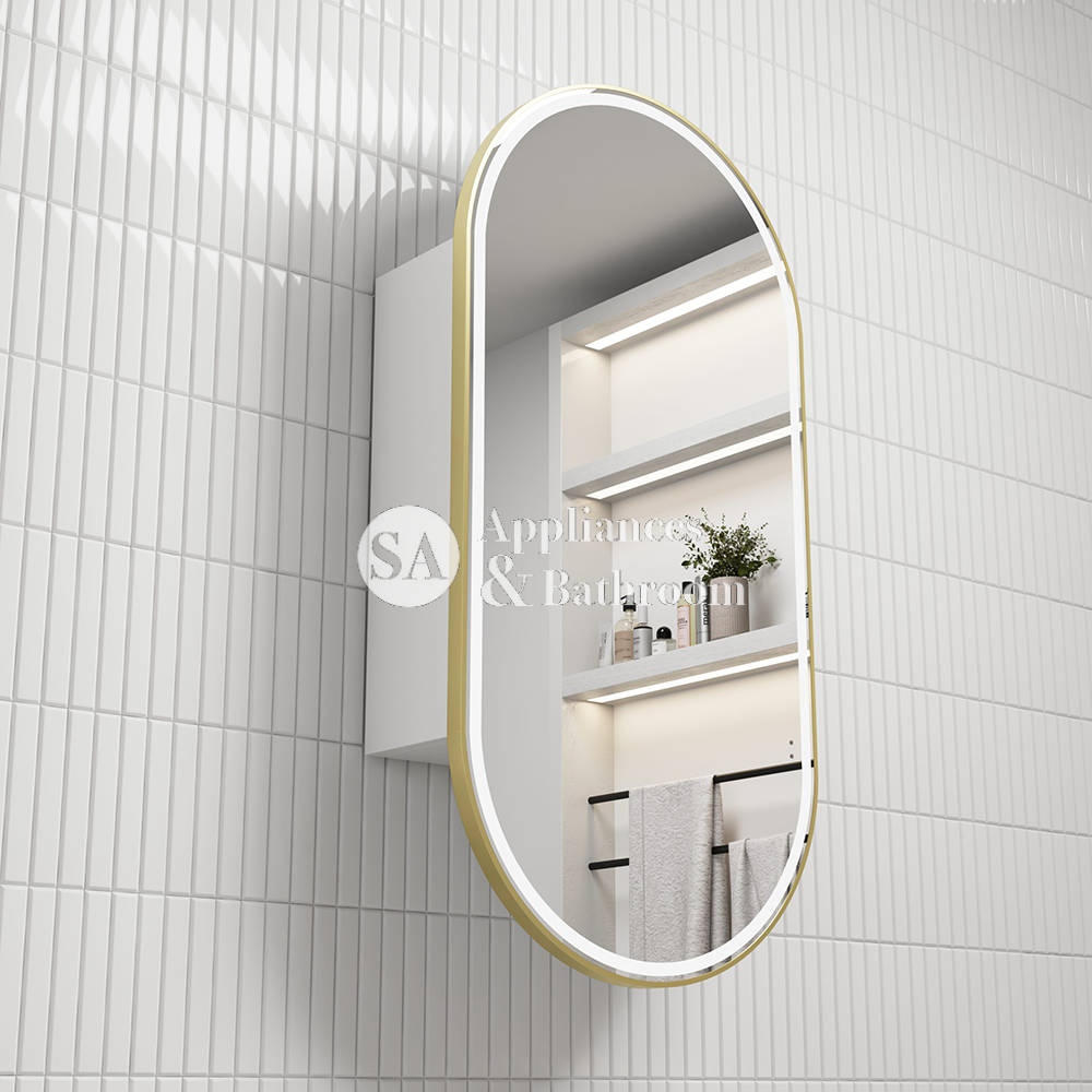 Aulic Beau Monde Oblong LED Matte White Shaving Cabinet With Brushed Gold Frame 450 x 900mm LSCBM-450-MW-BG Mirrors &