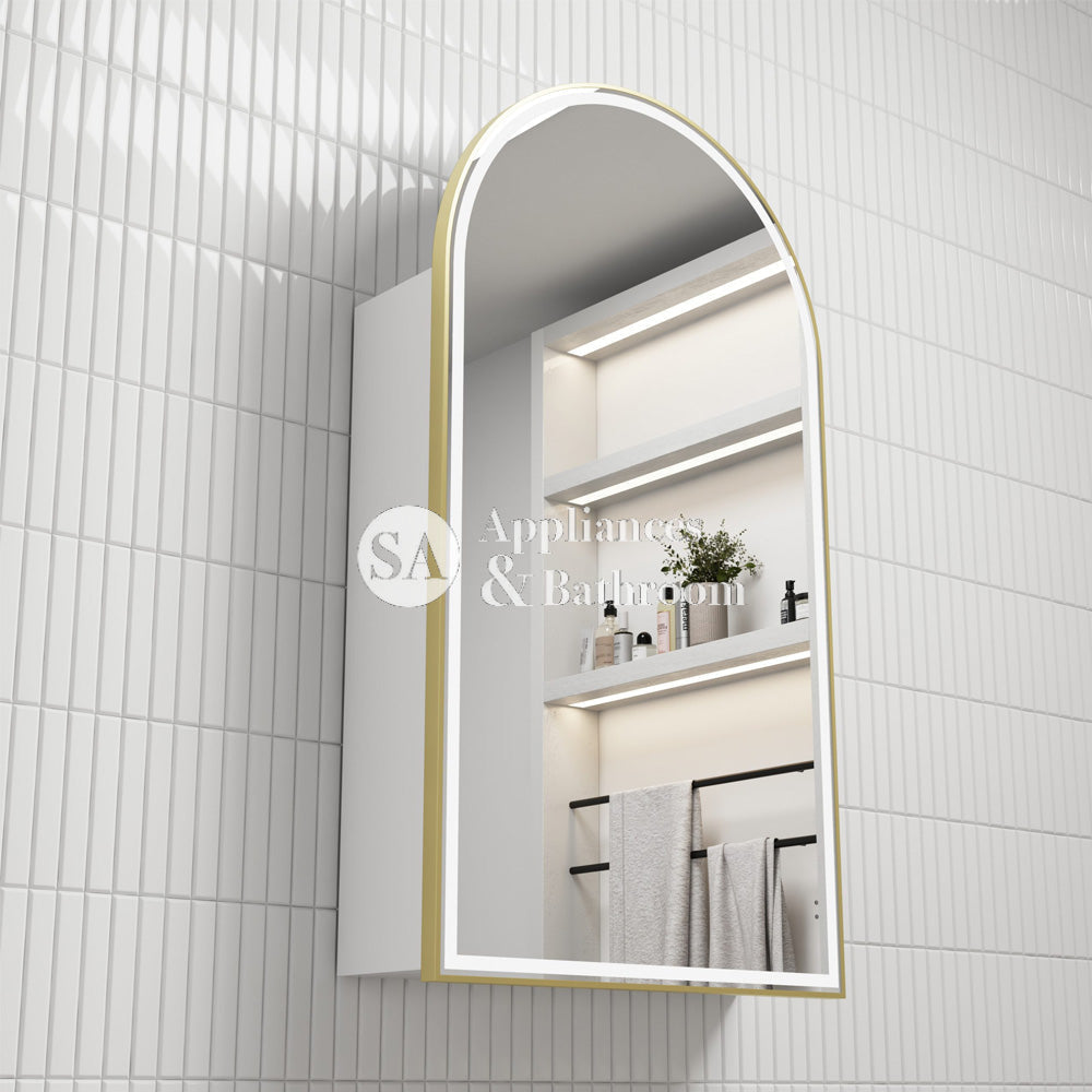 Aulic Canterbury Arch LED Matte White Shaving Cabinet With Brushed Gold Frame 500 x 900mm LSCCAN-500-MW-BG Brushed Gold