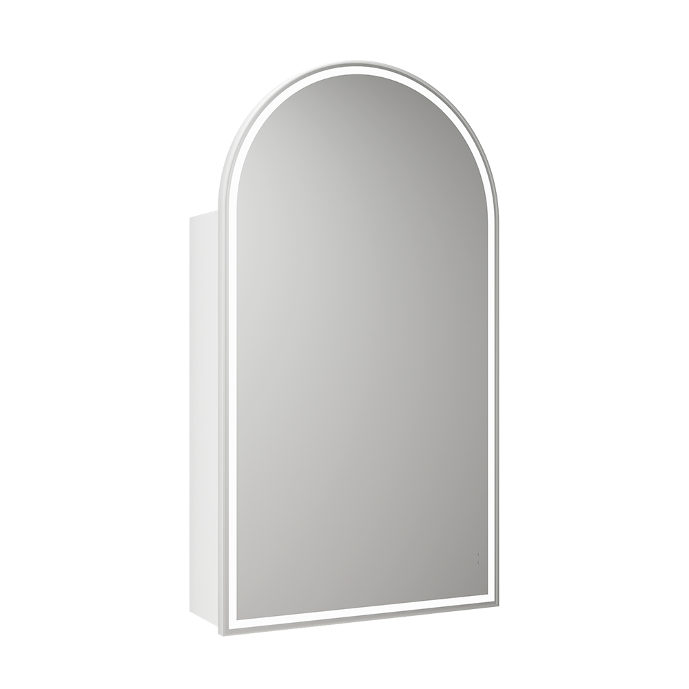 Aulic Canterbury Arch LED Matte White Shaving Cabinet With Brushed Nickel Frame 500 x 900mm LSCCAN-500-MW-BN Brushed