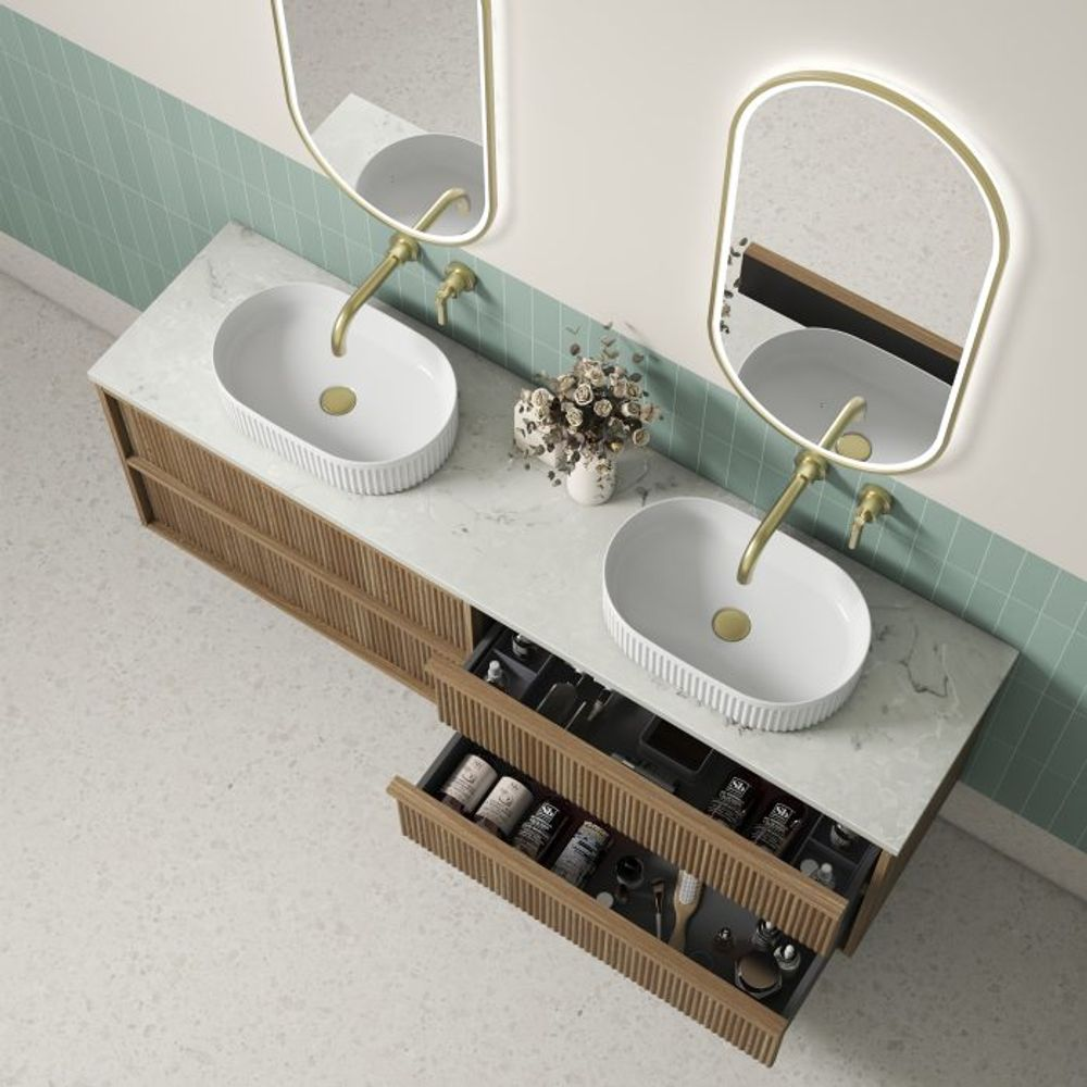 Aulic Venetta Fluted Framed Wall Hung 1800mm Double Vanity Harvest Oak