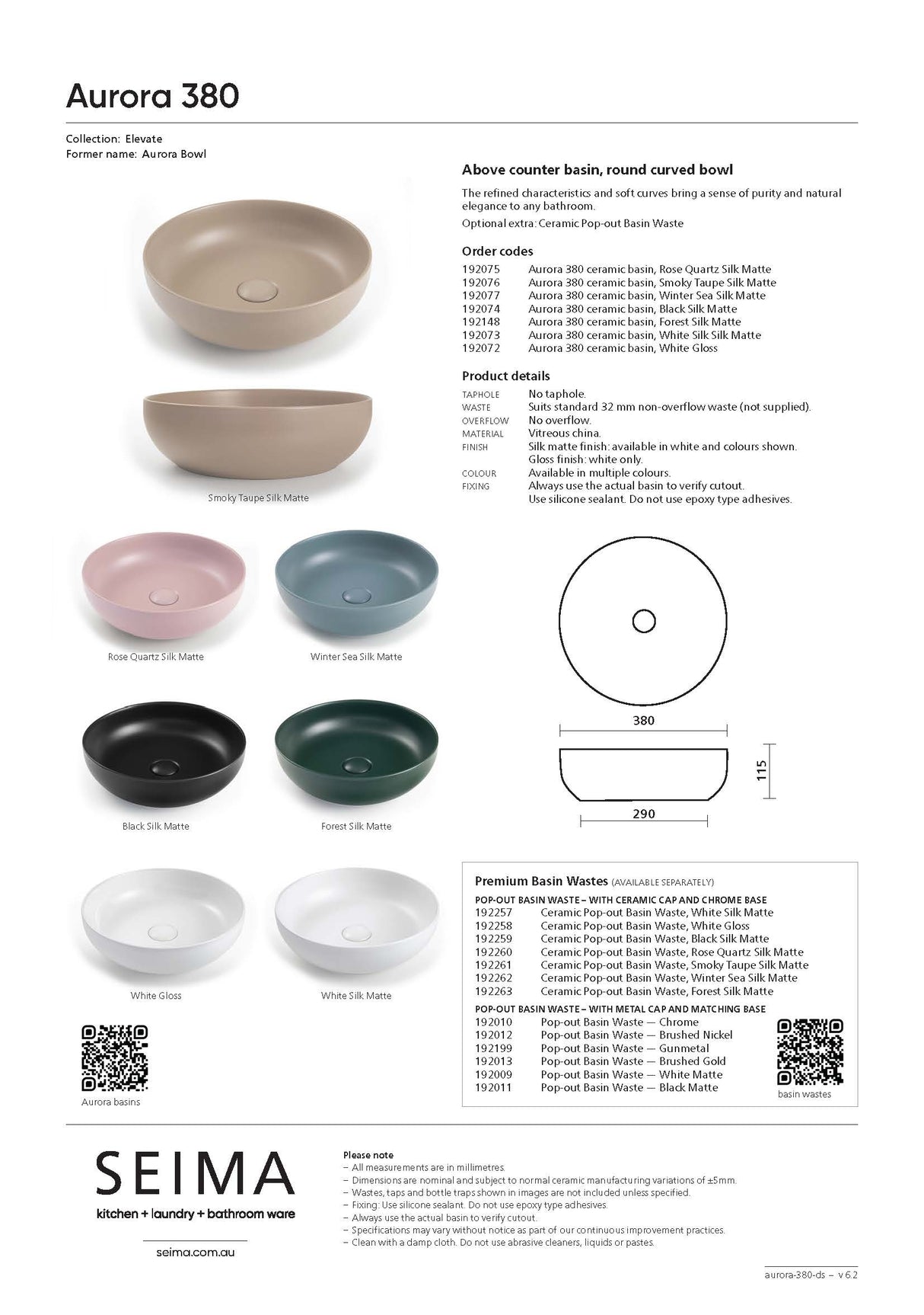 Seima 192148 Aurora 380 Above Counter Ceramic Basin, Forest