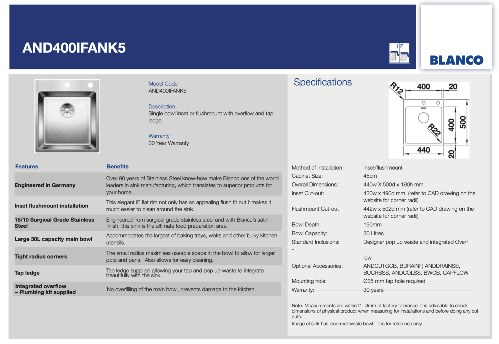 Blanco Andano400Ifa 400 Series Single Bowl Kitchen Sink Top Mounted Sinks