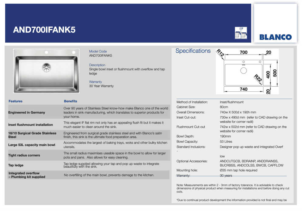 Blanco Andano700Ifa 500 Series Single Bowl Kitchen Sink Top Mounted Sinks