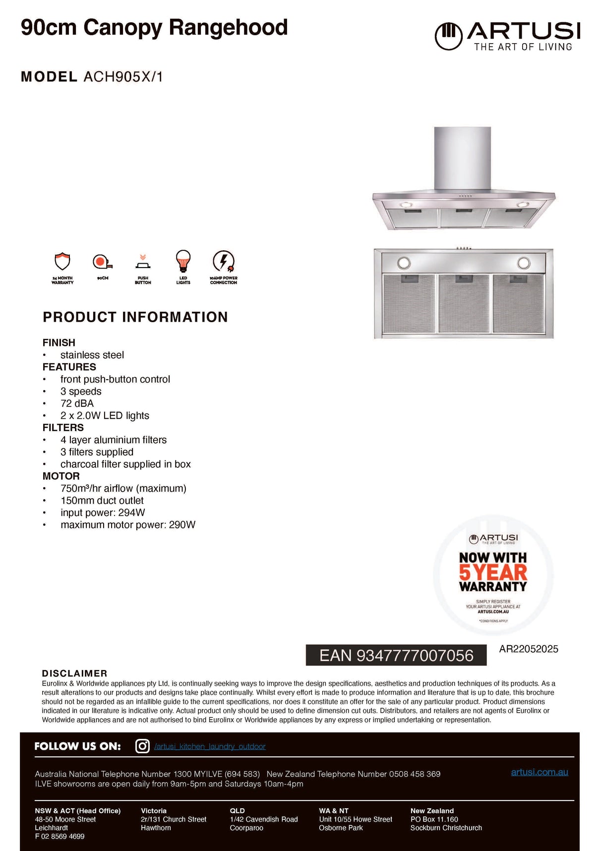 Artusi ACH905X/1 90cm Canopy Rangehood, Stainless Steel