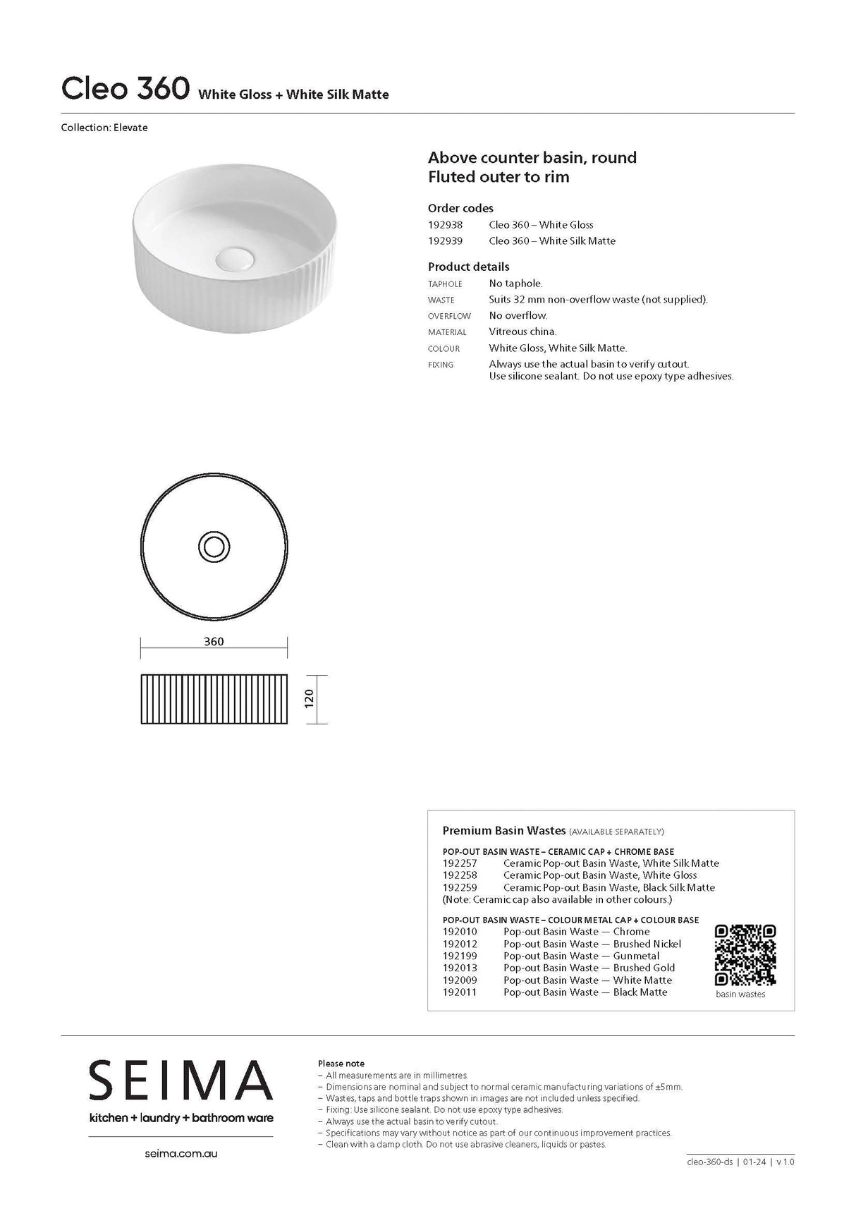 Seima 192939 Cleo 360 Fluted Round Above Counter Basin, 360x360mm, Matte White
