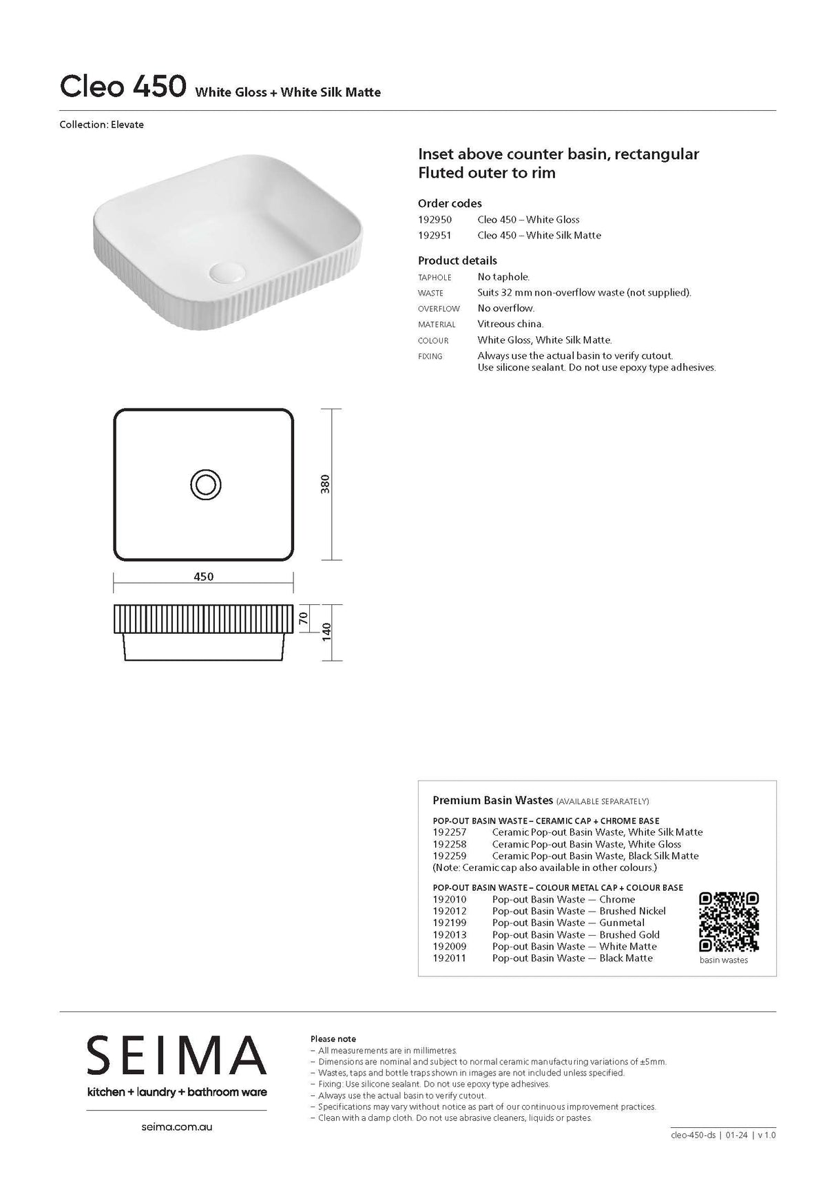 Seima 192950 Cleo 450 Fluted Rectangular Semi-Inset Basin, 450x380mm, Gloss White
