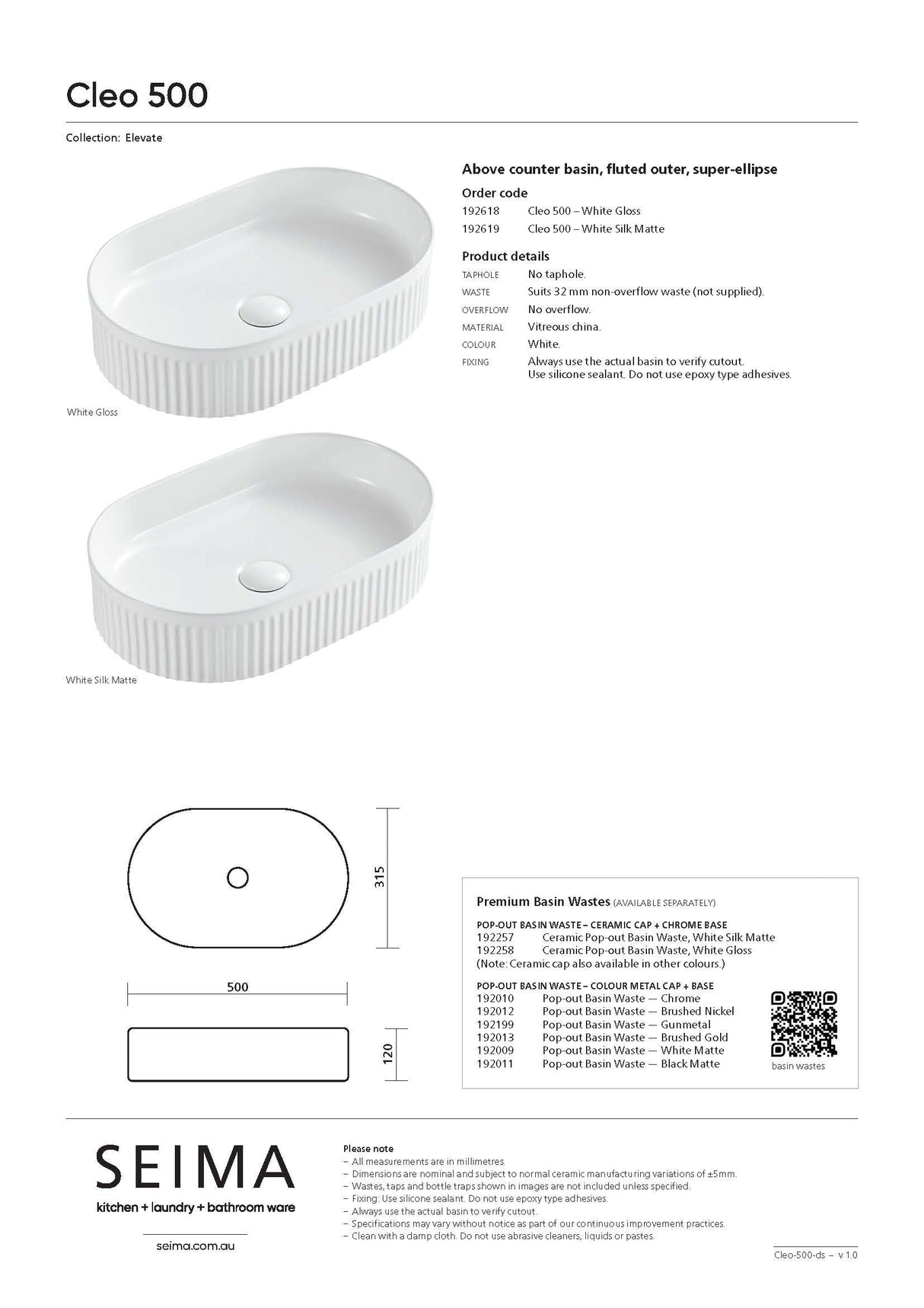 Seima 192619 Cleo 500 Fluted Oval Above Counter Basin, 500x315mm, Matte White