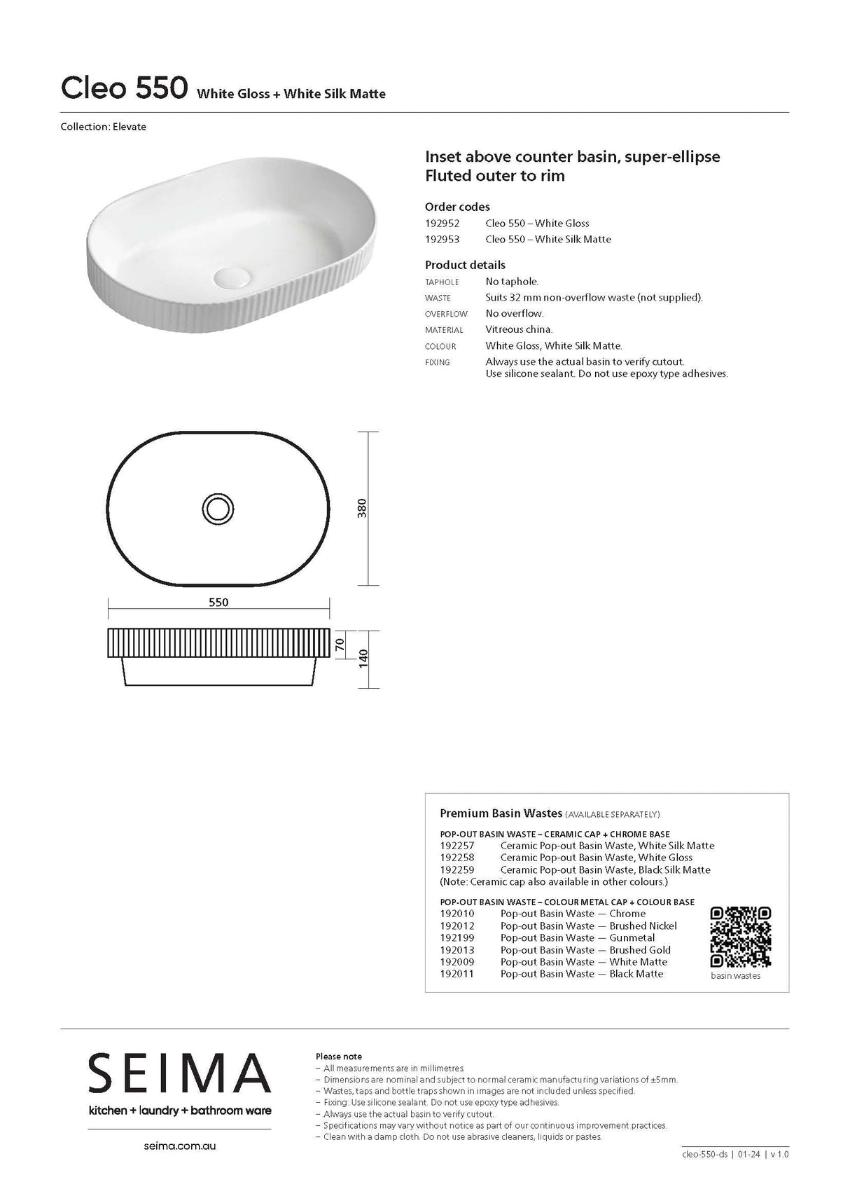 Seima 192953 Cleo 550 Fluted Ellipse Semi-Inset Basin, 550x380mm, Matte White