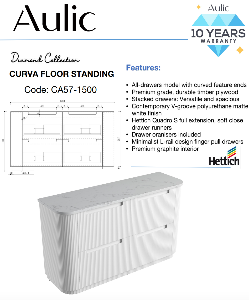 Aulic 1500mm Curva Floorstanding Vanity with Solid Surface Top Pure Top CA57-1500-ST56FT Vanity Units