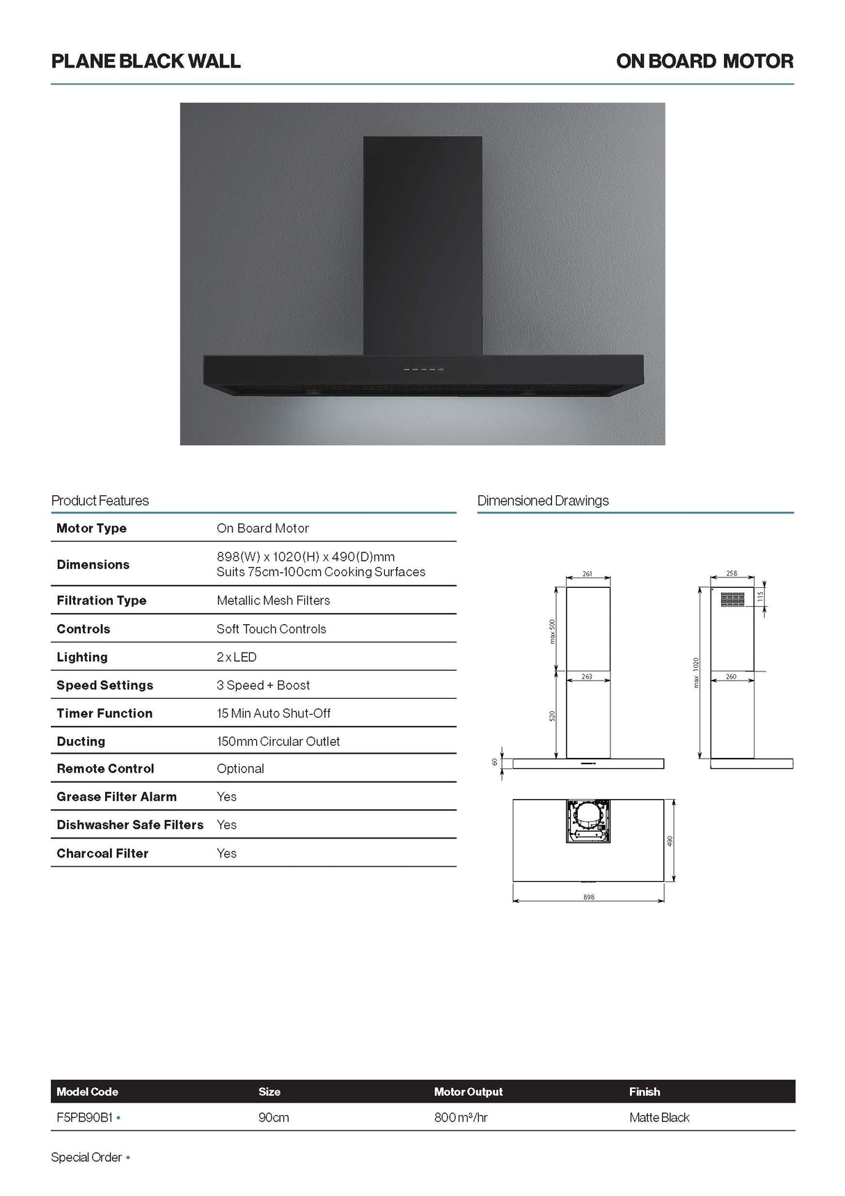 Falmec F5PB90B1 Plane NRS Canopy Rangehood with On Board Motor, Black, 800m3