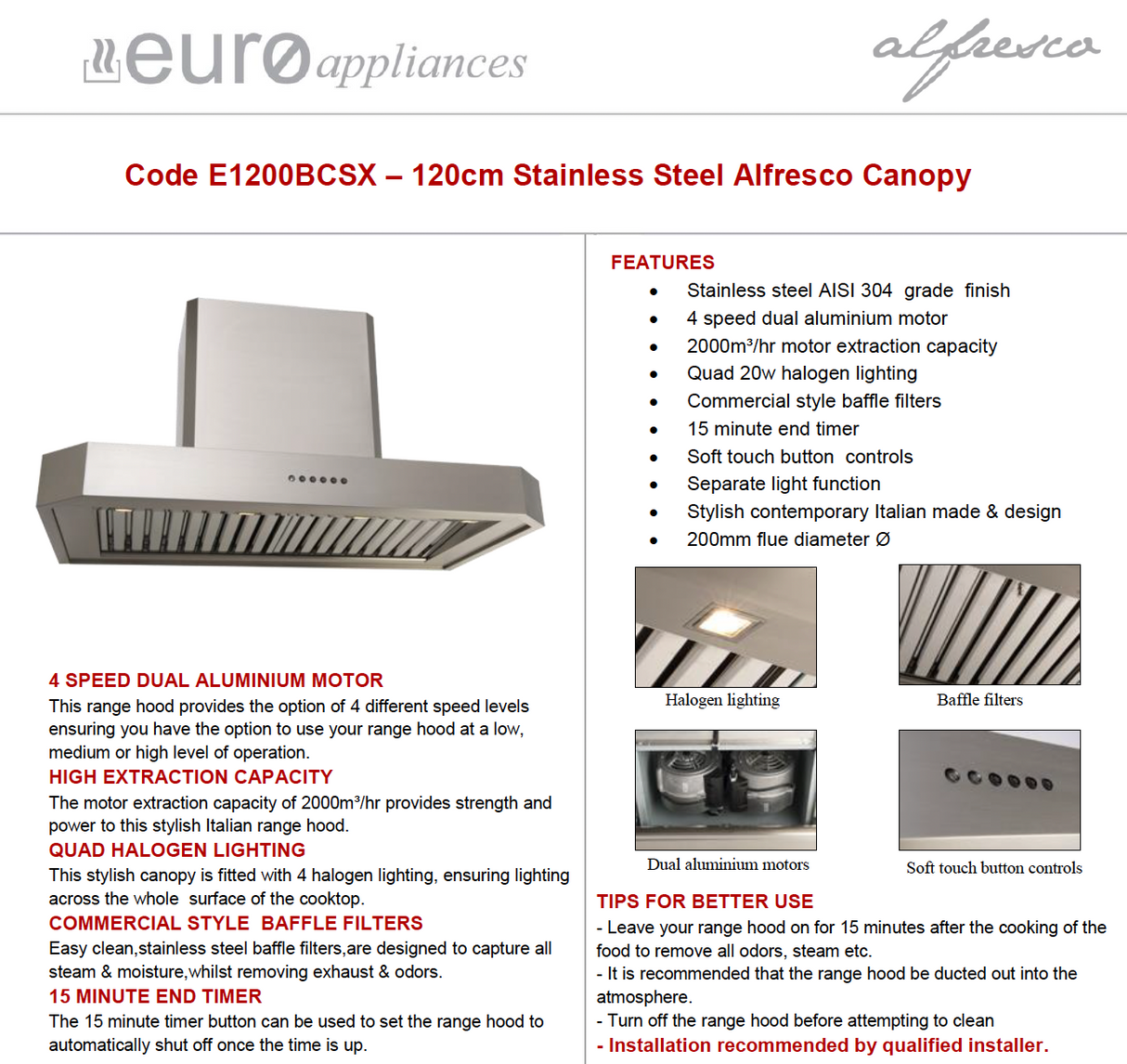 Euro Appliances Italian Made E1200BCSX 2000m3/hr Stainless Steel 120cm BBQ Canopy