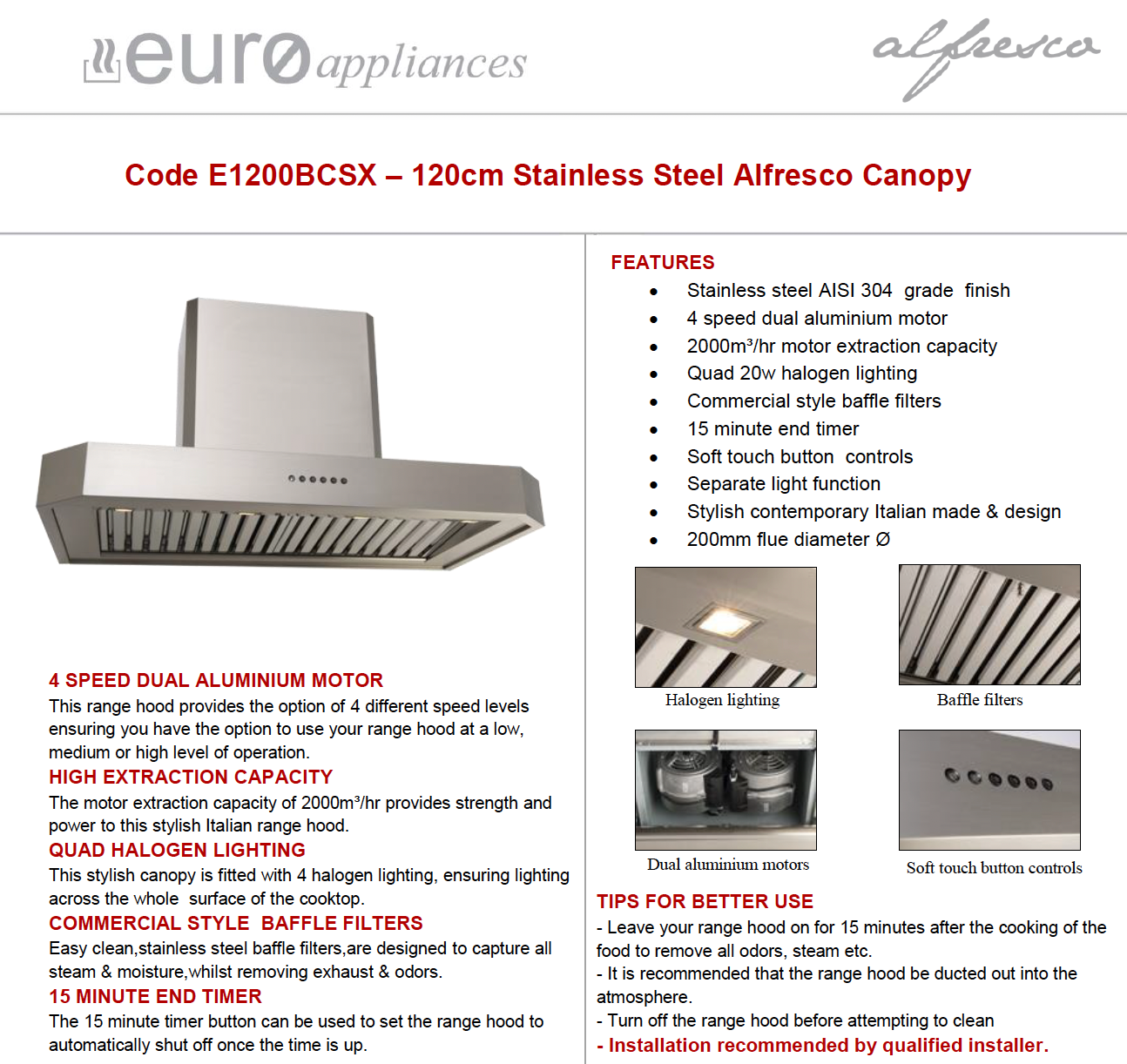 Euro Appliances Italian Made E1200BCSX 2000m3/hr Stainless Steel 120cm BBQ Canopy