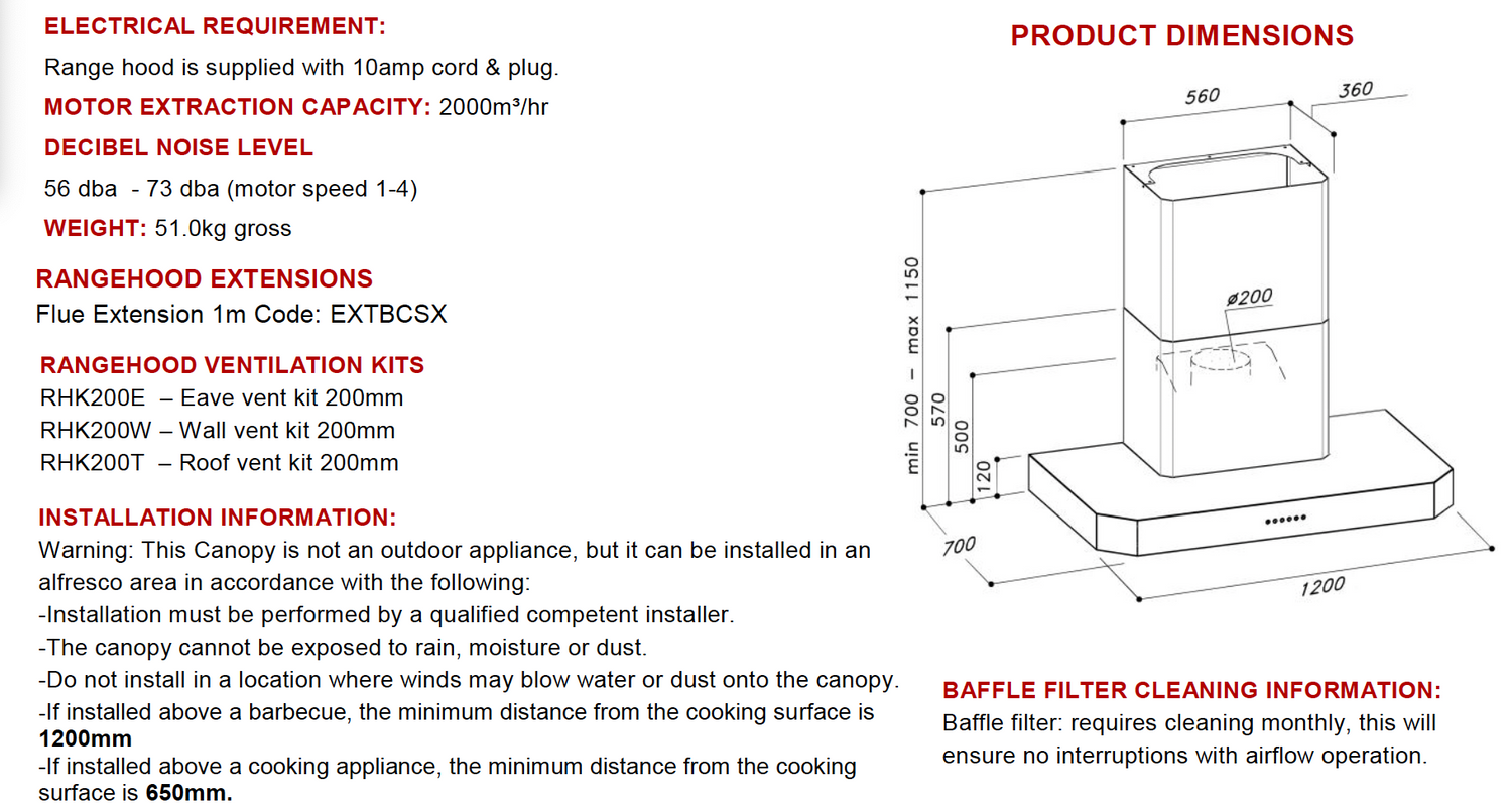 Euro Appliances Italian Made E1200BCSX 2000m3/hr Stainless Steel 120cm BBQ Canopy