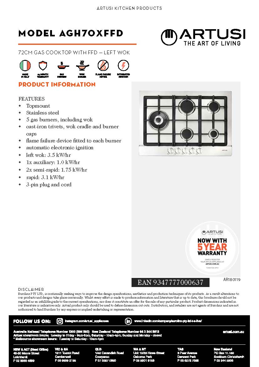 Artusi AGH70XFFD 70cm Gas Cooktop, Stainless Steel