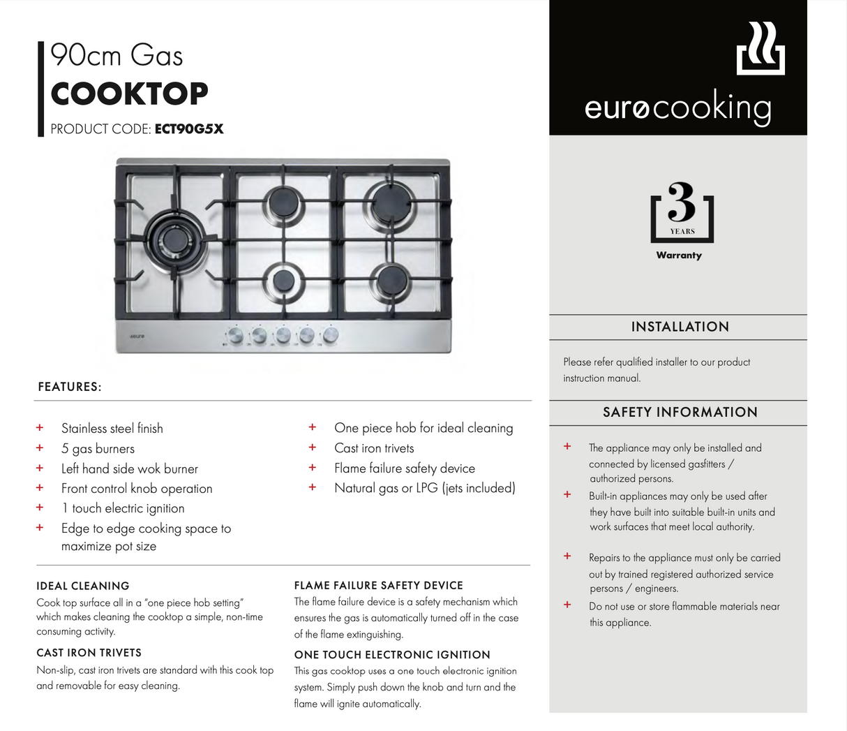 Euro Appliances ECT90G5X 90cm Natural Gas Cooktop