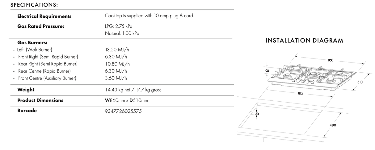 Euro Appliances ECT90G5X 90cm Natural Gas Cooktop