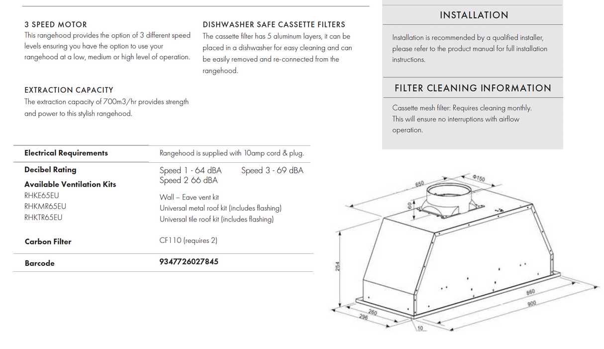Euro Appliances EP900UMS2 900mm Stainless Steel Undermount Rangehood - Order for December 2025