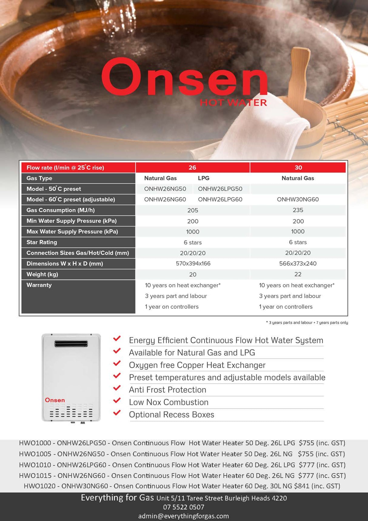 Onsen ONHW26NG50 50°C Limited 26L Hot Water System, Natural Gas