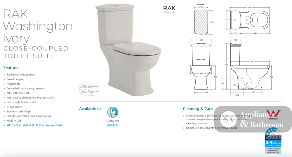 Fienza 060122I Washington Close Coupled RAK S-Trap 240mm Toilet Ivory - Toilet Suites