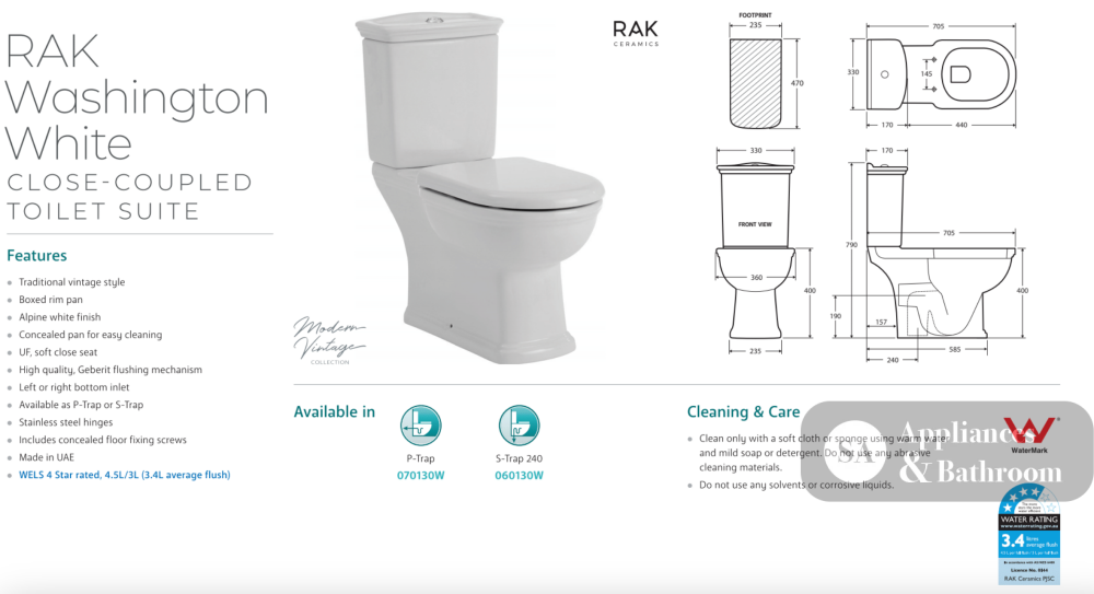 Fienza 060130W Close Coupled RAK Washington S-Trap 240mm Toilet White - Toilet Suites