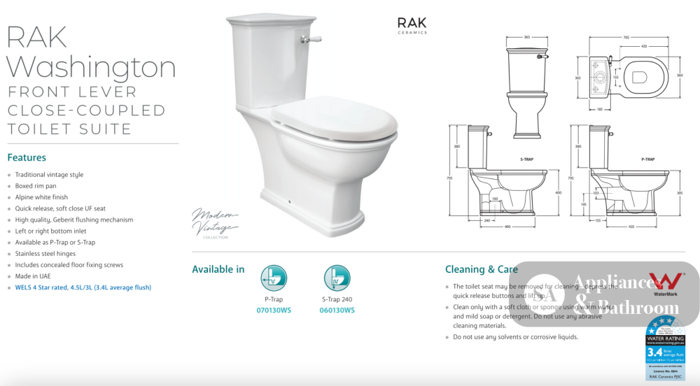Fienza 060130WS RAK Washington Front Lever S-Trap 240mm Toilet Suite White - Toilet Suites