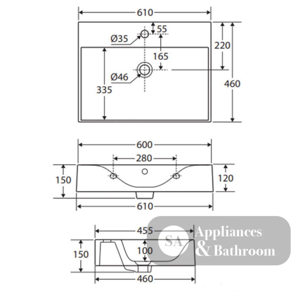 Fienza 06101AWHA RAK Des 61 Wall Basin One Tap Hole Alpine White - Basins