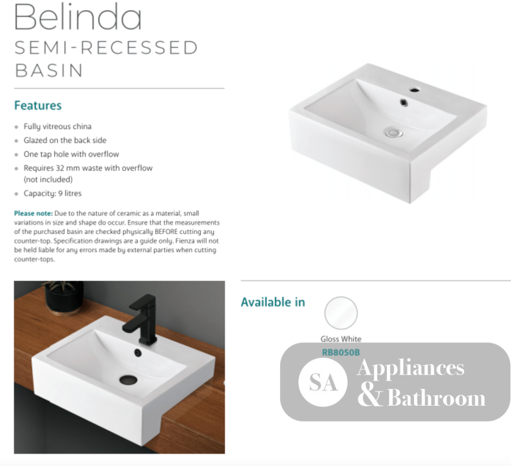 Fienza 1 Tap Hole RB8050B 1 Tap Hole Semi Recessed Basin White - Basins