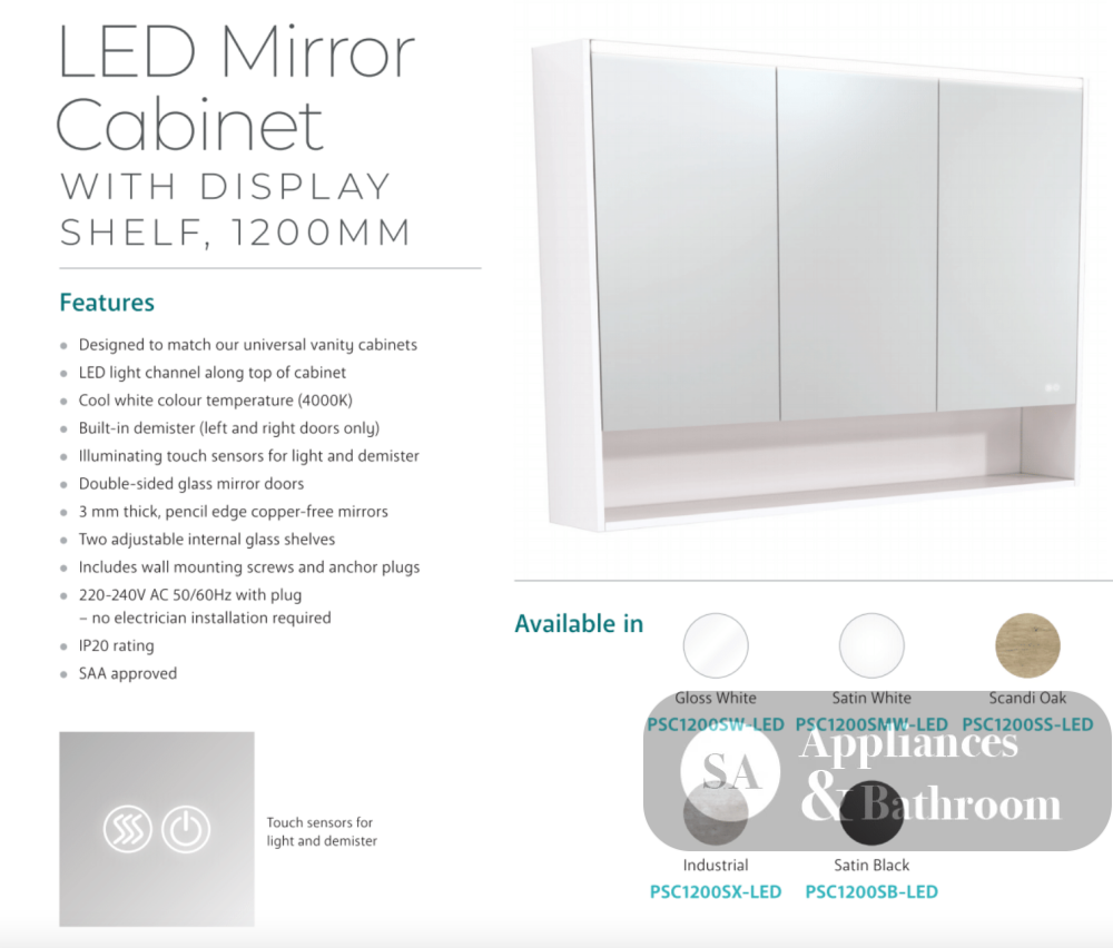 Fienza 1200mm PSC1200SB-LED Mirror LED Cabinet with Undershelf Satin Black - Mirrors & Cabinets