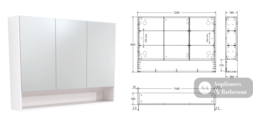 Fienza 1200mm PSC1200SB Mirror Cabinet with Undershelf Satin Black - Mirrors & Cabinets