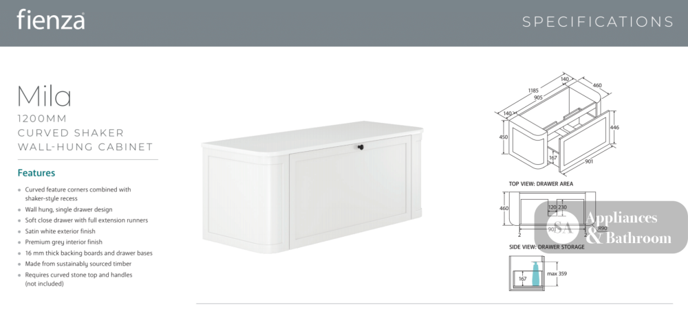 Fienza 120CM Mila Curved Satin White 1200 Wall Hung Cabinet - Vanity Units