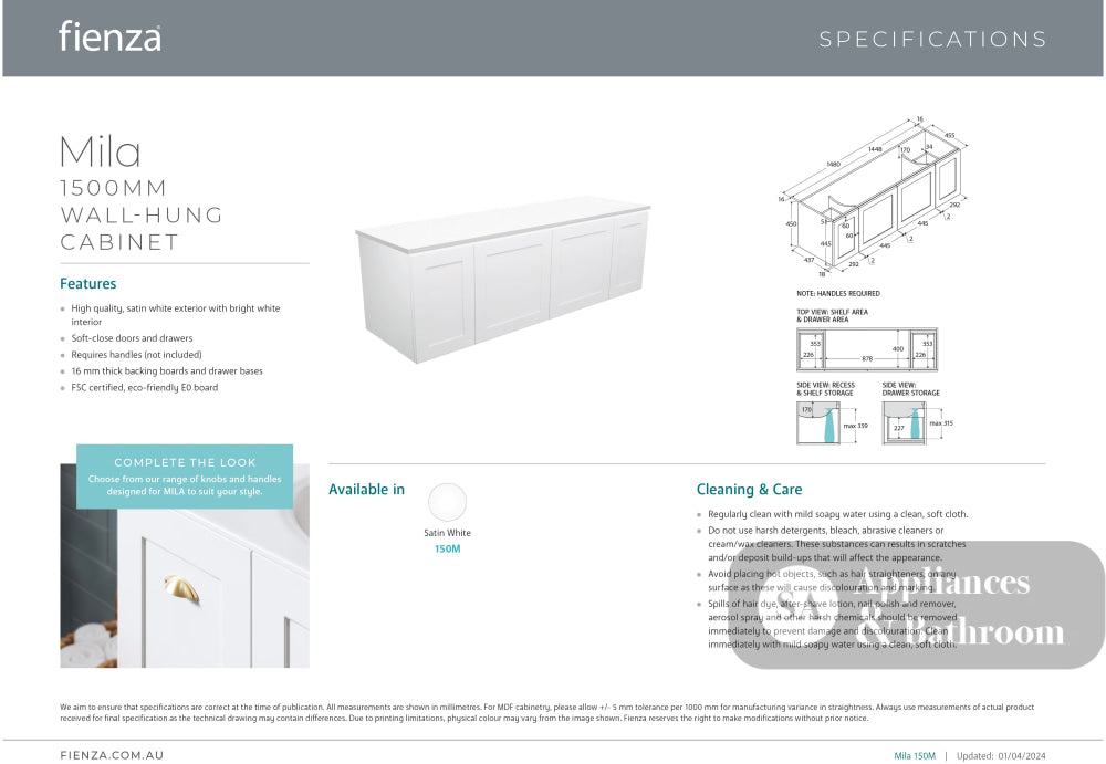 Fienza 150M Mila 1500mm Wall-Hung Cabinet Only - Cabinet Only