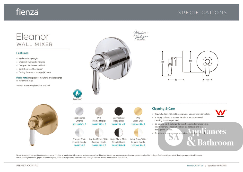 Fienza 202101UU-LF Eleanor Wall Mixer Urban Brass - Wall Mixer