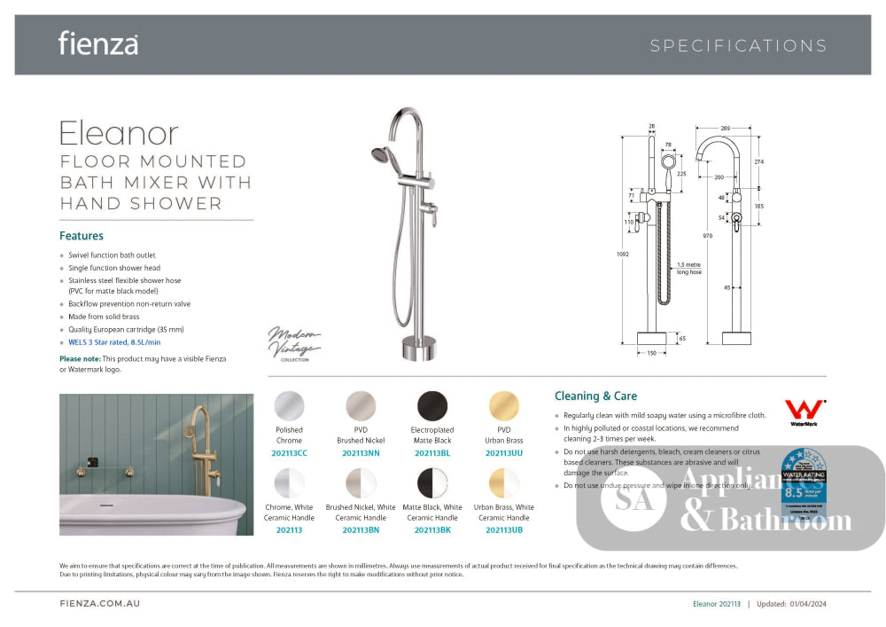 Fienza 202113 Eleanor Floor Mixer & Shower Chrome with White Ceramic Handle - Bath Fillers