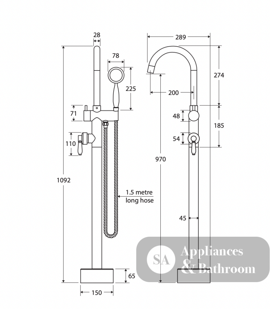 Fienza 202113UU Eleanor Urban Brass Floor Mounted Bath Mixer with Handle Shower with Urban Brass Handle - Bath Fillers