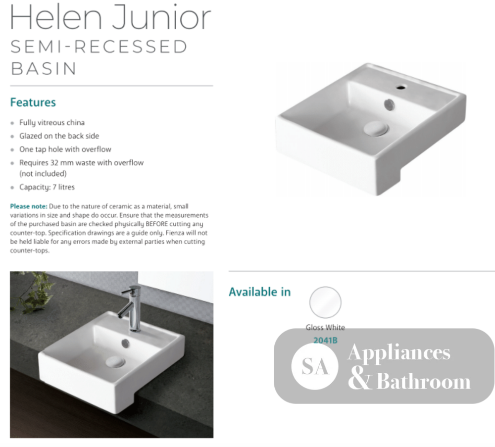 Fienza 2041B Helen Junior Semi Recessed 1 Tap Hole Ceramic Basin White - Basins