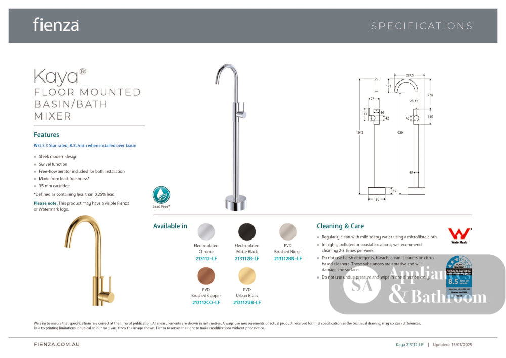Fienza 213112BN-LF Kaya Floor Mounted Bath Mixer Brushed Nickel - Bath Fillers