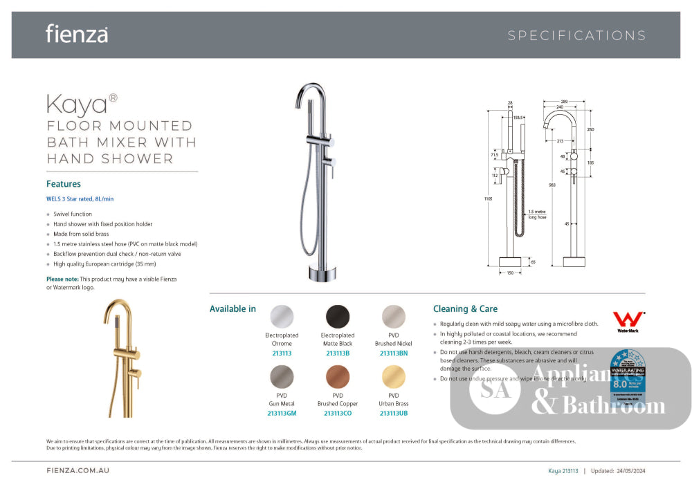 Fienza 213113UB Kaya Floor Mounted Bath Mixer With Hand Shower Urban Brass - Bath Fillers