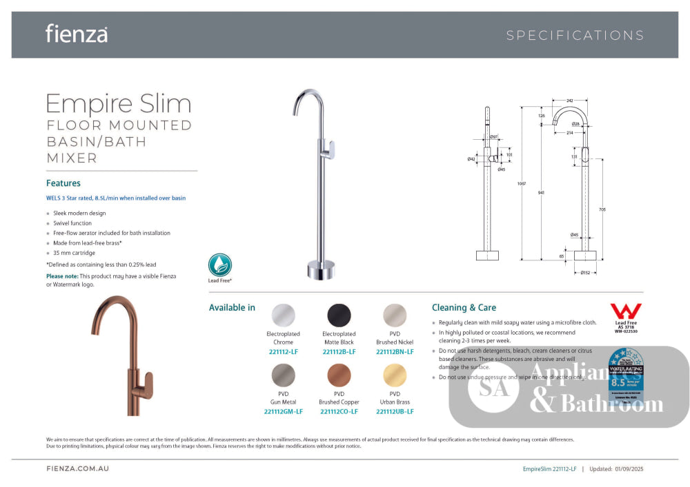 Fienza 221112BN-LF Empire Slim Floor Mounted Basin/Bath Mixer Lead Free Brushed Nickel - Bath Fillers