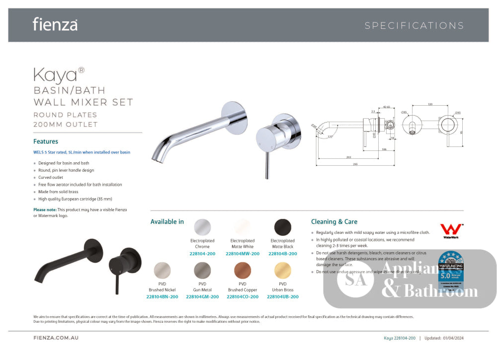 Fienza 228104BN-200-LF Kaya Wall Basin/Bath Mixer Set Brushed Nickel Round Plates 200mm Outlet - Bathroom Wall Mixers